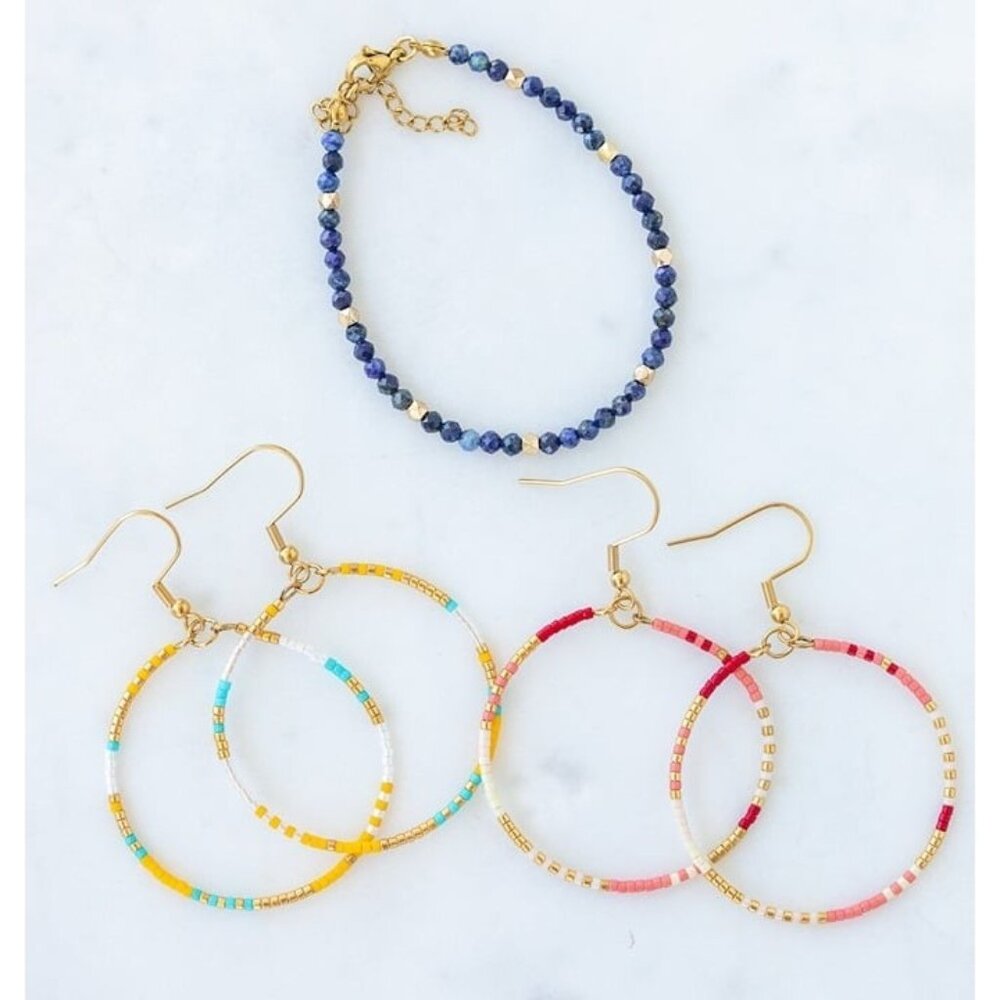 Bundle of 3! Beaded Lapis Lazuli Bracelet & 2 Pairs beaded Hoop earrings So Cute
